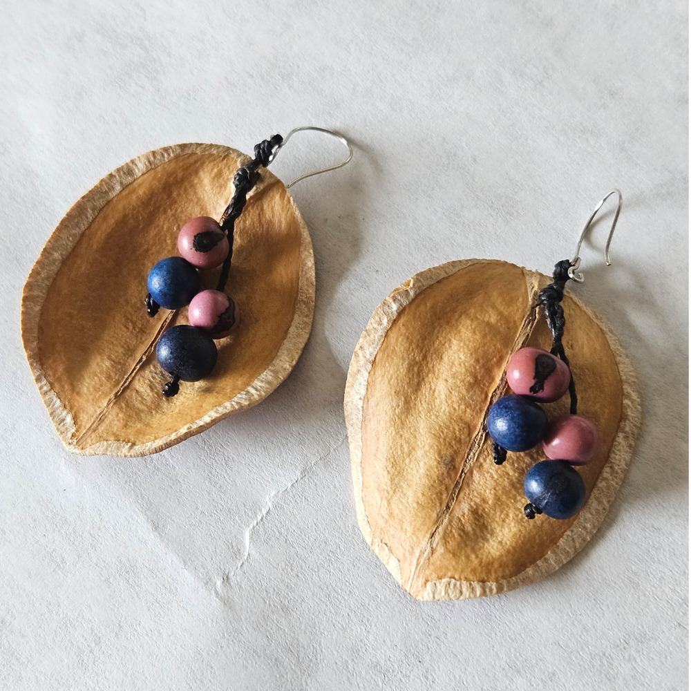 Handmade Natural Seed Pod Dangle Earrings Blue Pink Bead Boho Artisan Jewelry